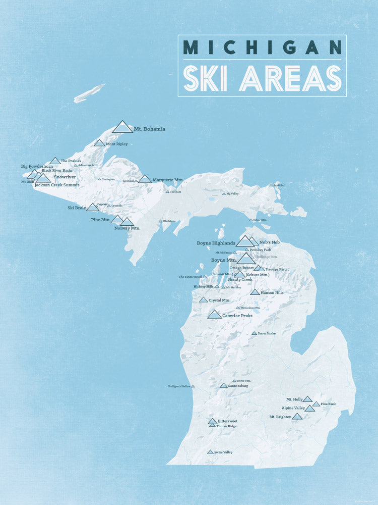Michigan Ski Areas Resorts Map Poster - white & light blue