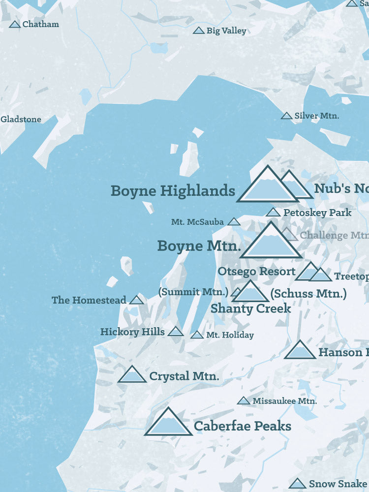 Michigan Ski Areas Resorts Map Poster - white & light blue