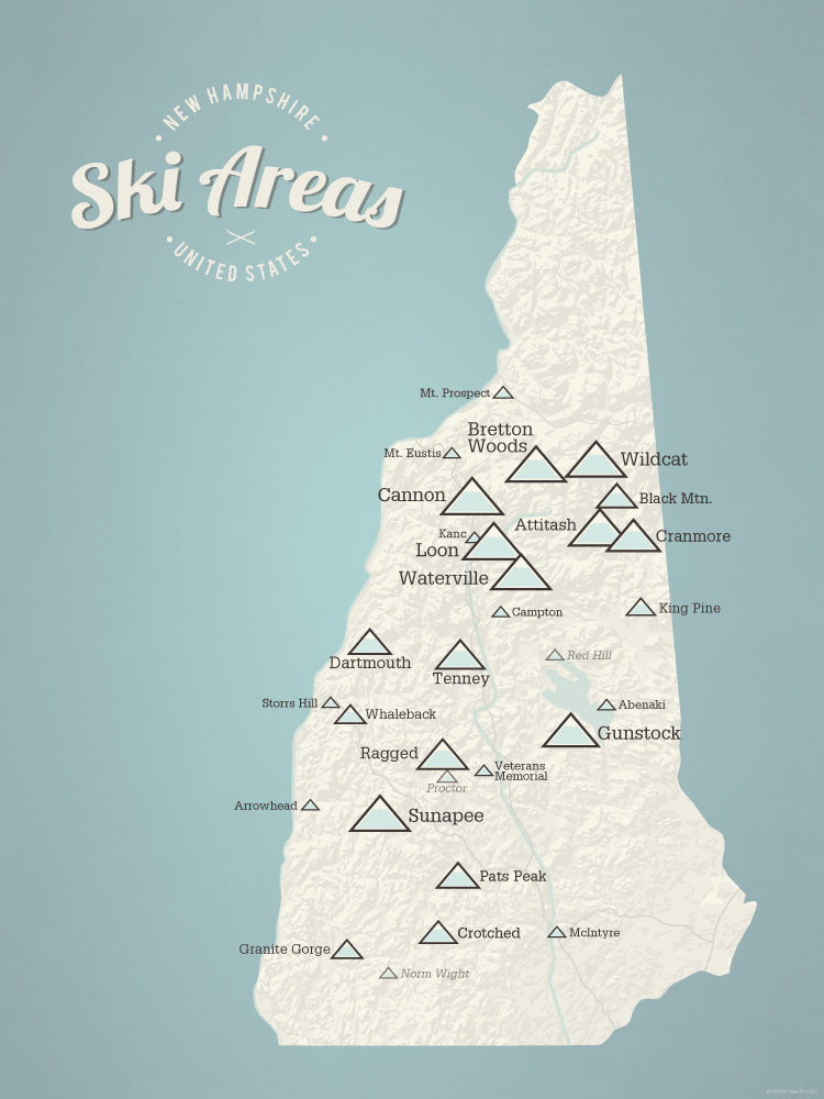 New Hampshire Ski Resorts Map Poster - beige & opal blue