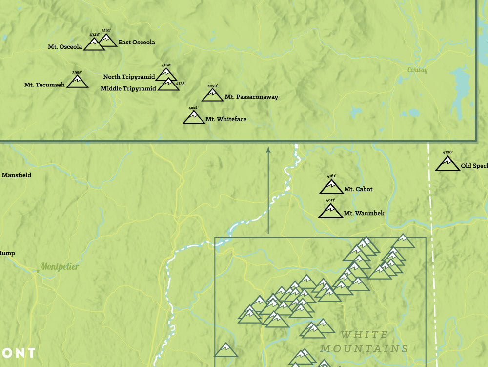 New England 4000 Footers Map Poster - green & aqua