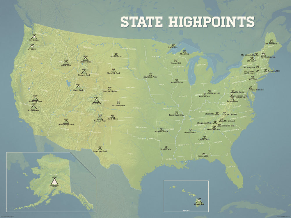 State High Points Highpoints Map Poster - natural earth