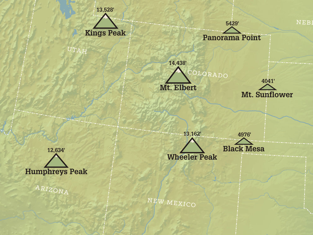 State High Points Highpoints Map Poster - natural earth