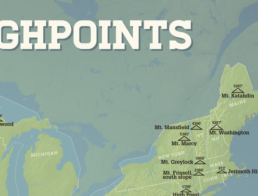 State High Points Highpoints Map Poster - natural earth