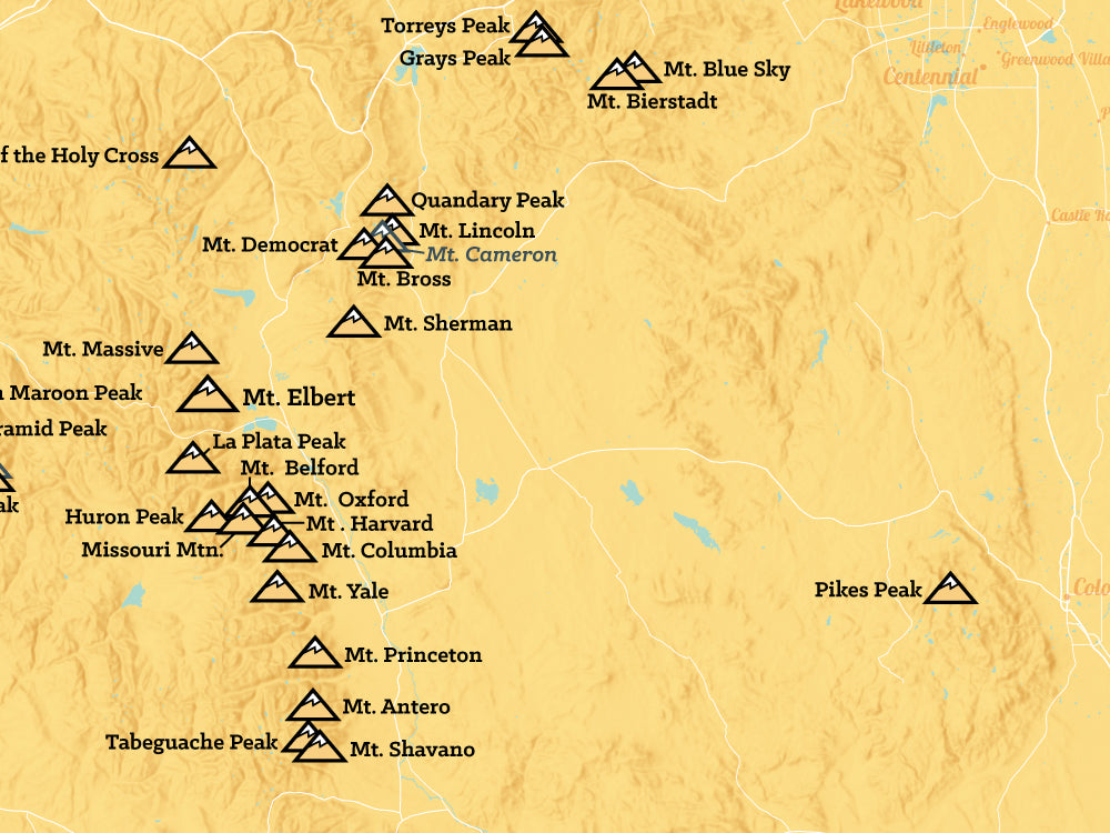 Colorado Fourteeners 14ers Map Poster - yellow orange