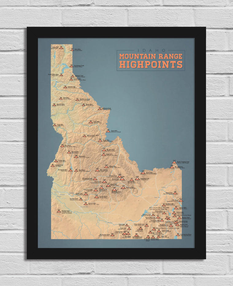 Idaho Mountain Range Highpoints Map 18x24 Poster
