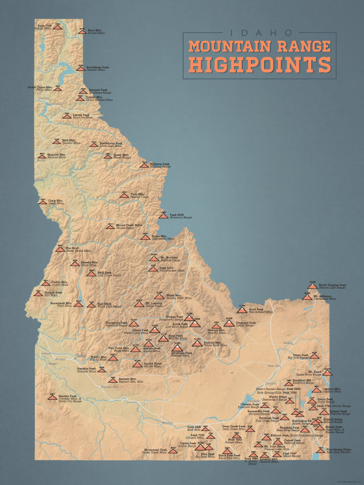 Idaho Mountain Range Highpoints Map Poster - camel & slate blue