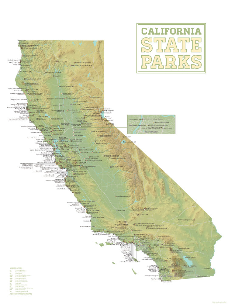 California State Parks Map Poster - green & white