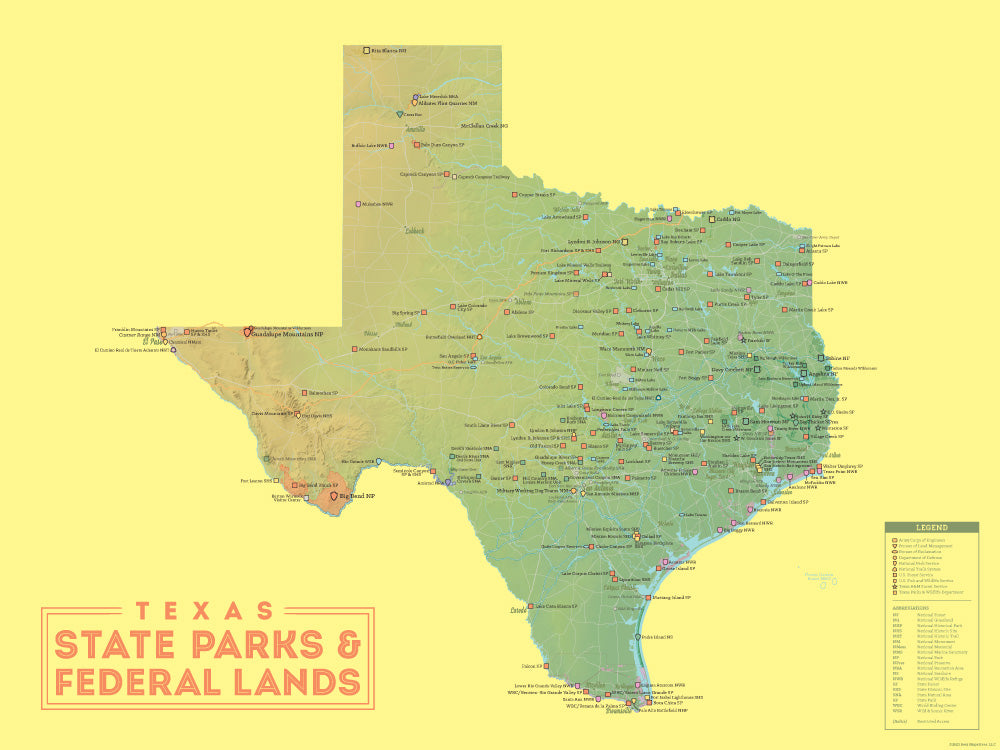 Texas State Parks & Federal Lands map poster - green & yellow