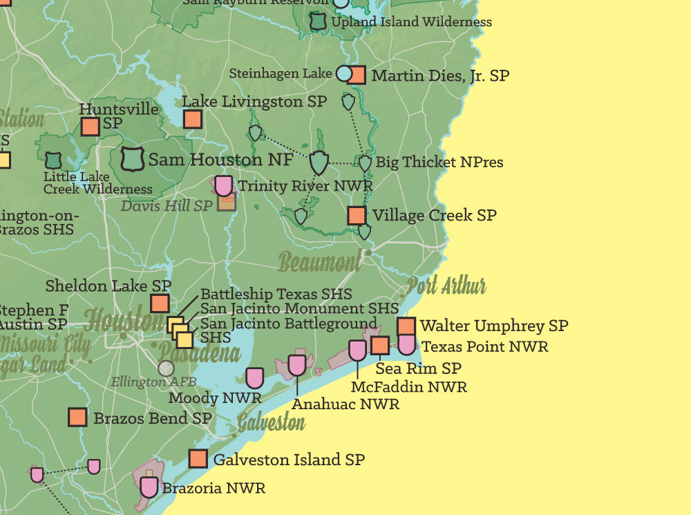 Texas State Parks & Federal Lands map poster - green & yellow