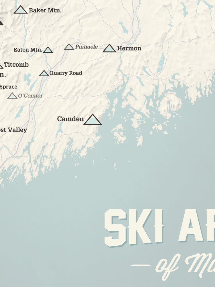 Maine Ski Resorts map poster - beige & opal blue