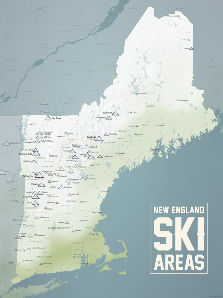 New England Ski Areas Resorts Checklist Map Poster - natural earth