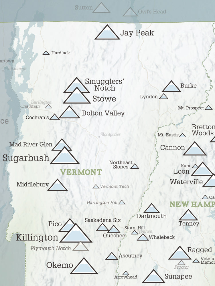 New England Ski Areas Resorts Checklist Map Poster - natural earth