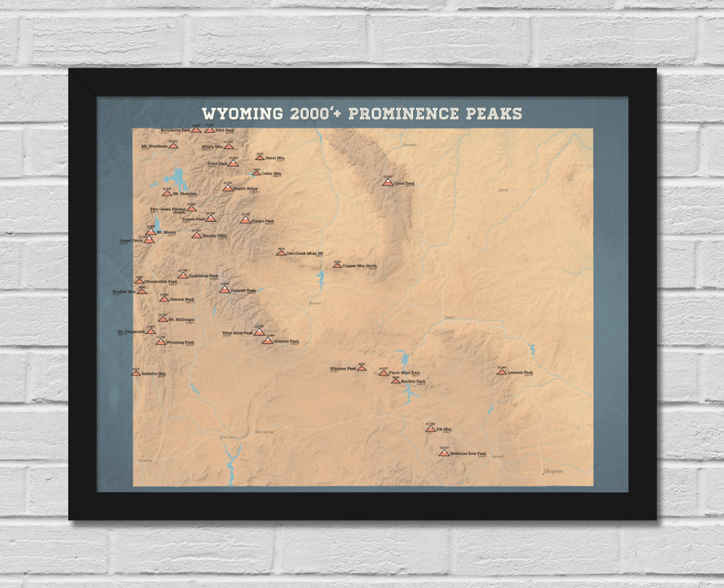 Wyoming 2000' Prominence Peaks Map 18x24 Poster