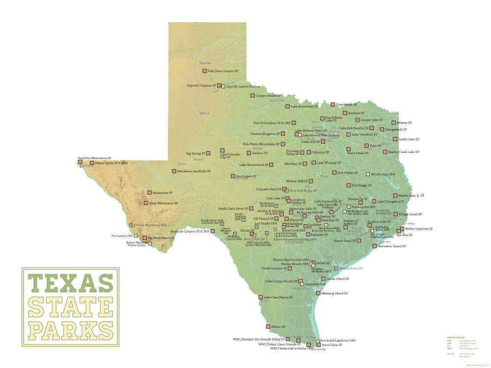 Texas State Parks Map Poster - green & white