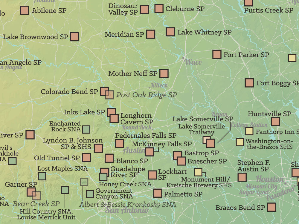 Texas State Parks Map Poster - green & white