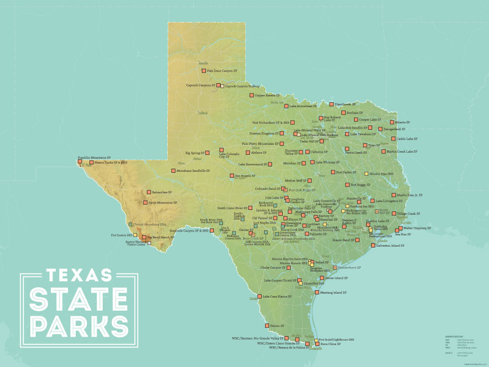 Texas State Parks Map Poster - green & aqua