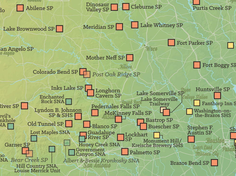 Texas State Parks Map Poster - green & aqua