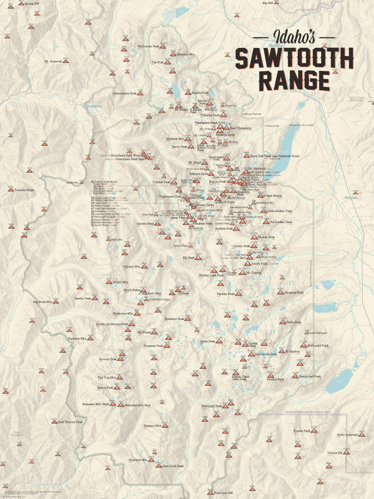 Idaho Sawtooth Range Climbers Map Poster - tan