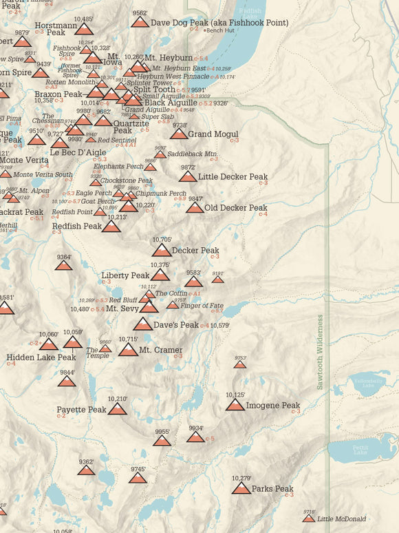 Idaho Sawtooth Range Climbers Map Poster - tan