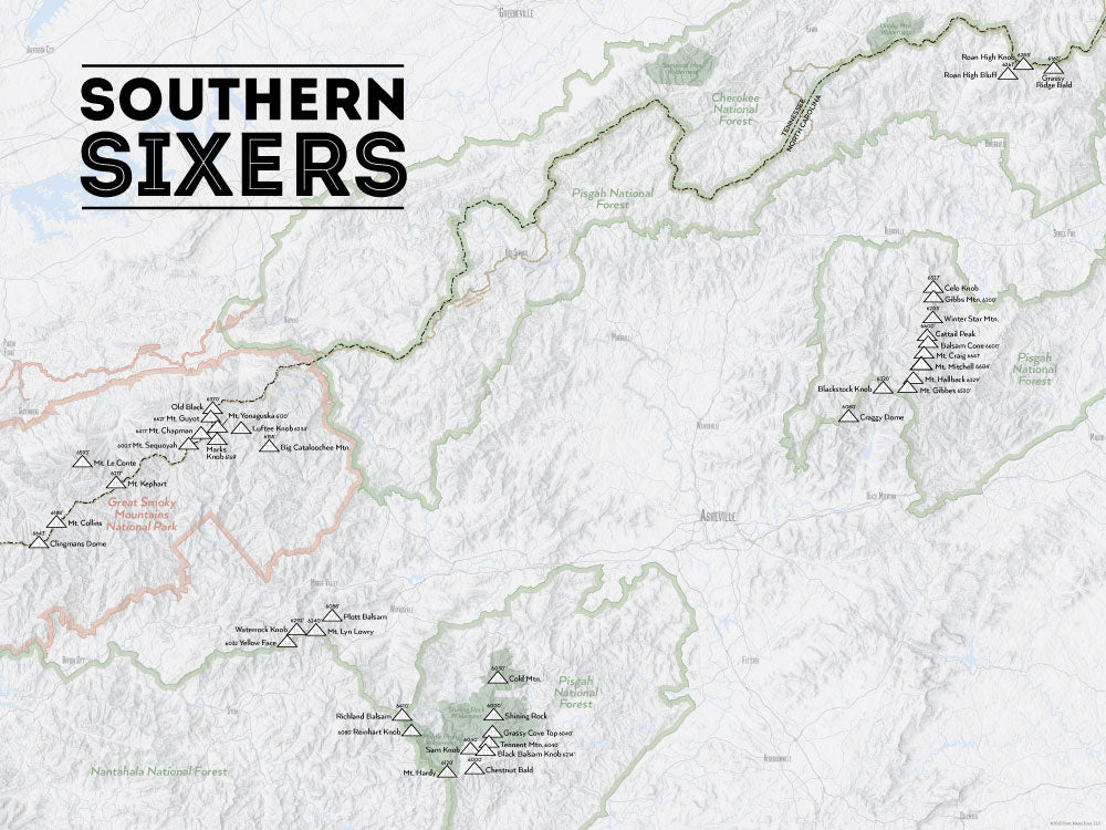 North Carolina 'Southern Sixers' / 'South Beyond 6000' Map Poster - gray
