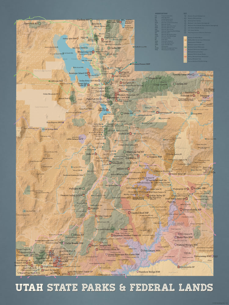 Utah State Parks, National Parks, Federal Lands map poster - camel & slate blue