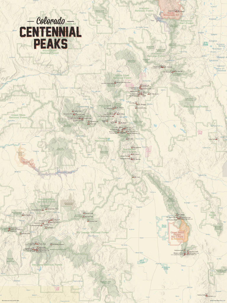 Colorado Centennial Peaks Map Poster - tan