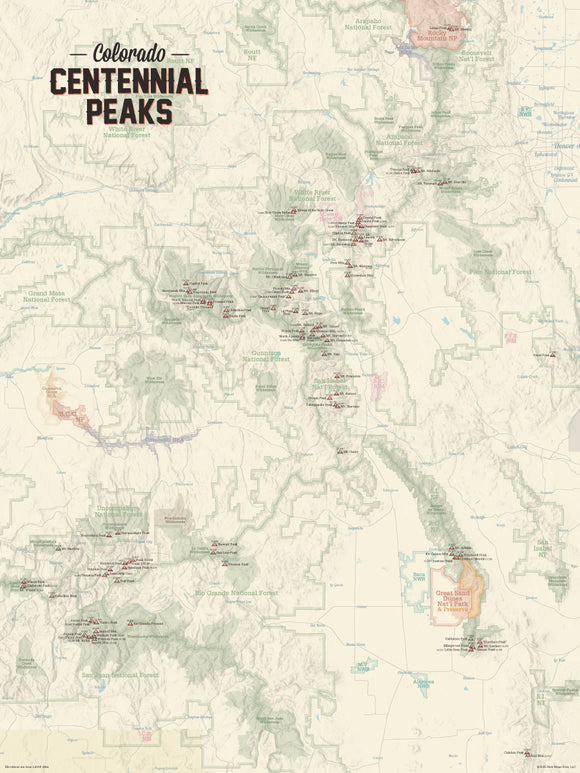 Colorado 'Centennial Peaks' Map 18x24 Poster