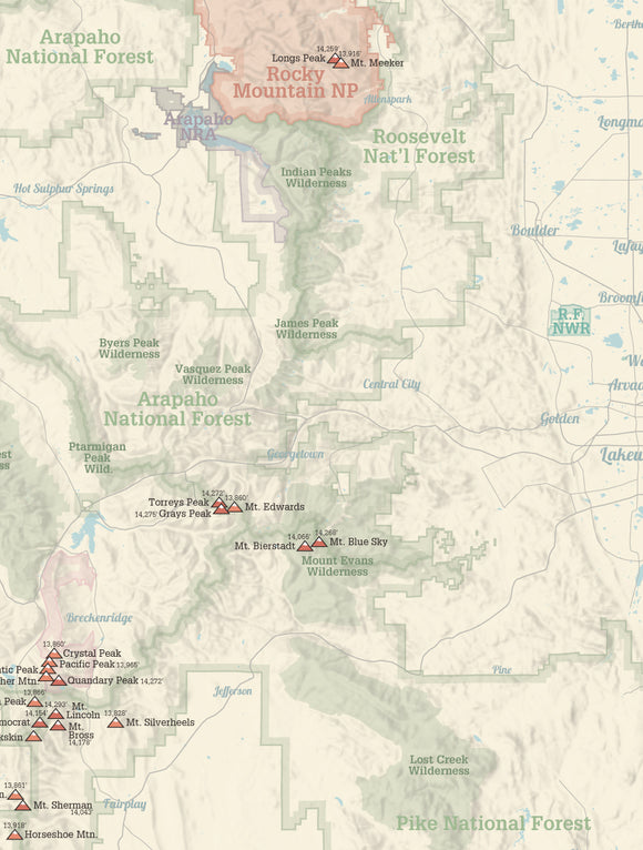 Colorado Centennial Peaks Map Poster - tan
