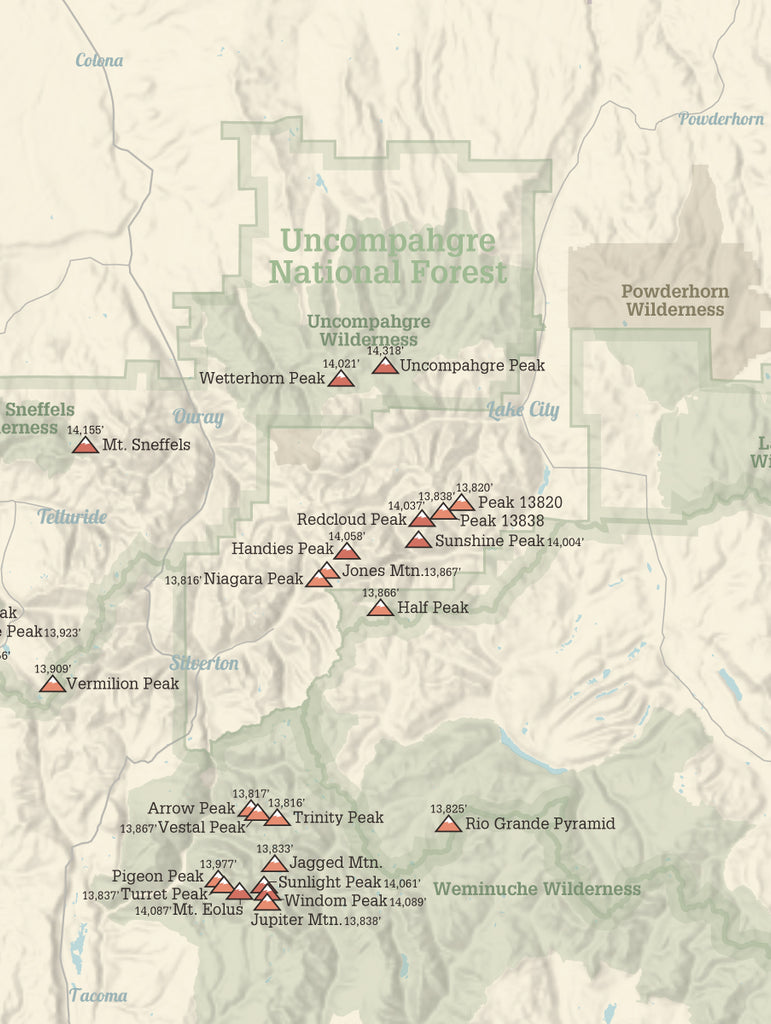 Colorado Centennial Peaks Map Poster - tan