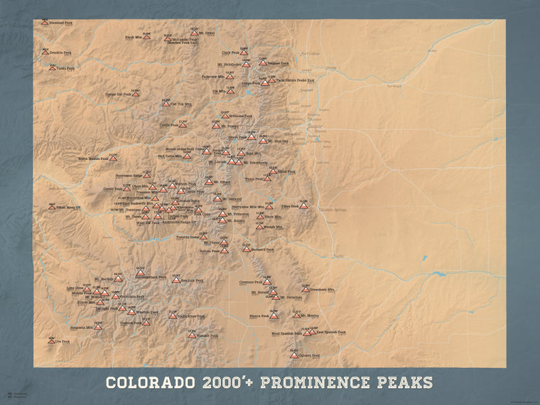 Colorado 2000' Prominence Peaks Map 18x24 Poster