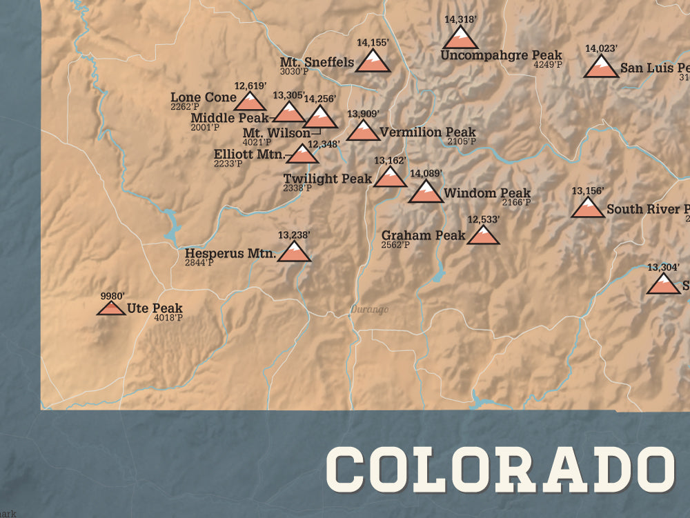 Colorado Prominent 2000' Prominence Peaks Map Poster - camel & slate blue