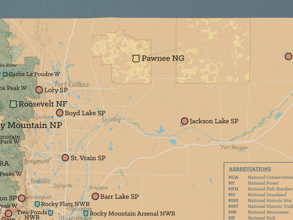 Colorado State Parks & Federal Lands map poster - camel & slate blue