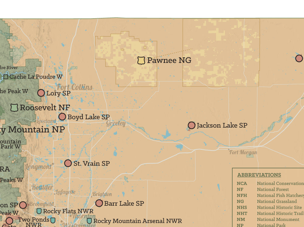 Colorado State Parks & Federal Lands map poster - camel & white