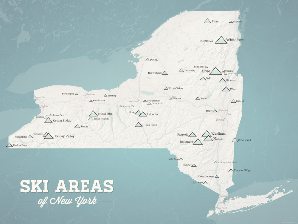 New York Ski Areas Resorts Map Poster - beige & opal blue
