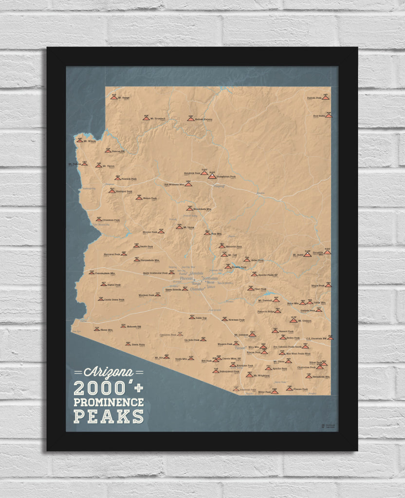 Arizona 2000' Prominence Peaks Map 18x24 Poster