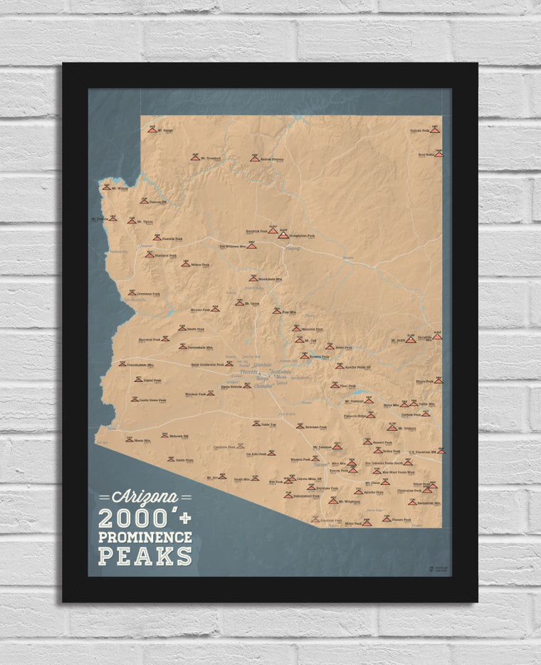 Arizona 2000' Prominence Peaks Map 18x24 Poster