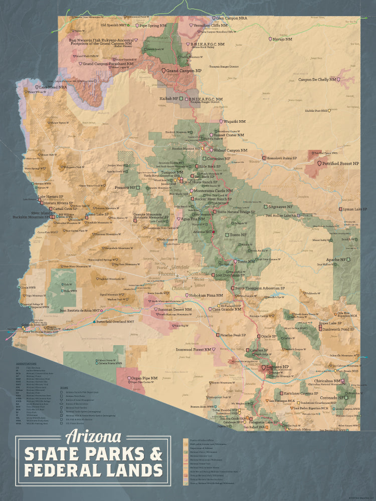 Arizona State Parks & Federal Lands map poster - camel & slate blue