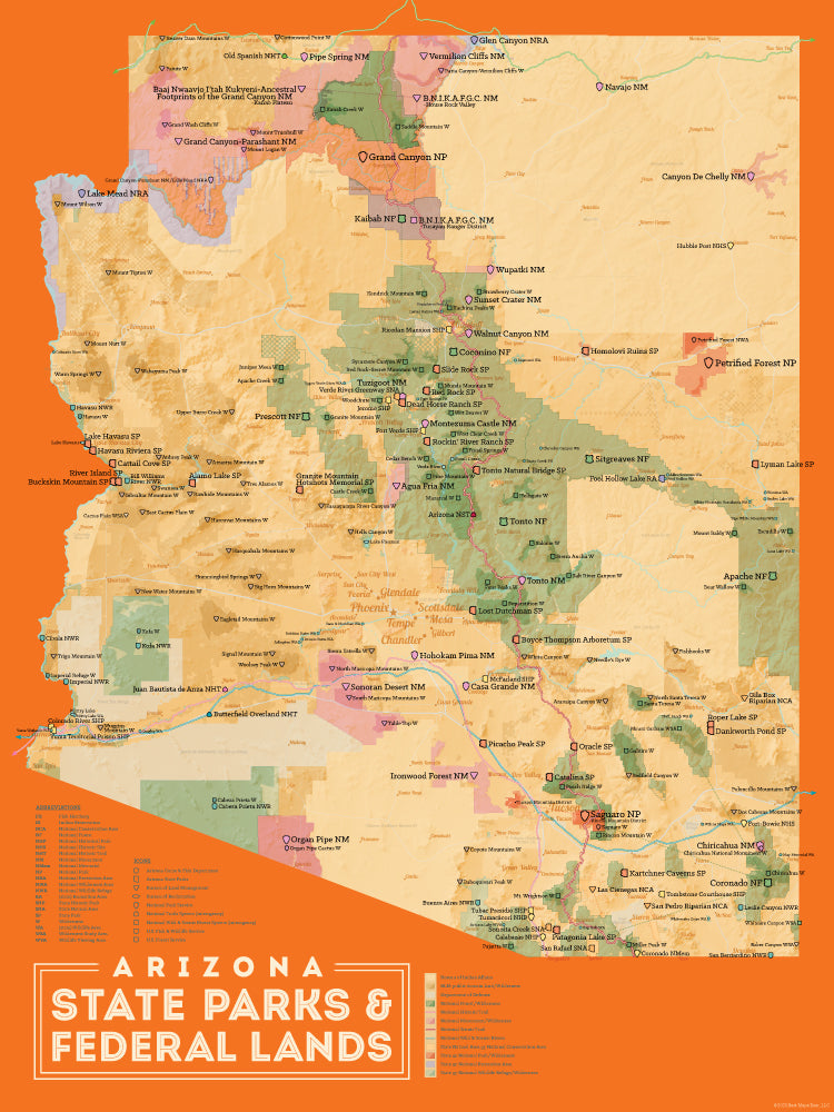 Arizona State Parks & Federal Lands map poster - cream & orange