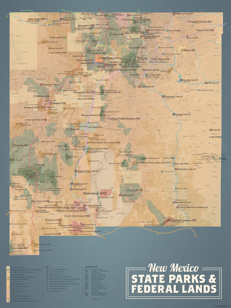 New Mexico State Parks & Federal Lands map poster - camel & slate blue