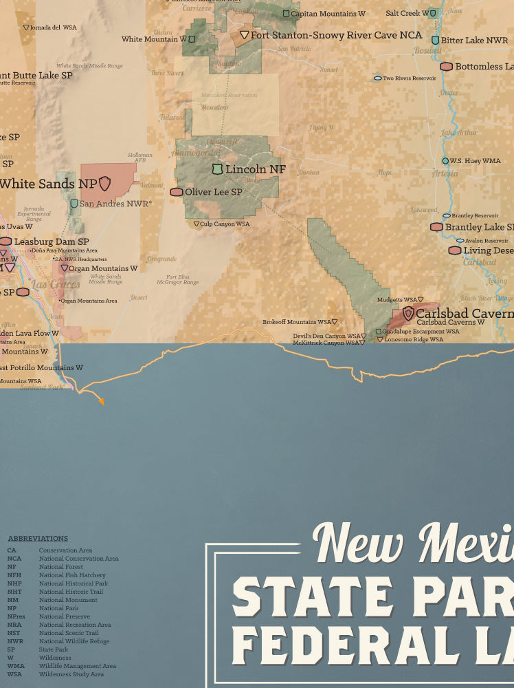 New Mexico State Parks & Federal Lands map poster - camel & slate blue