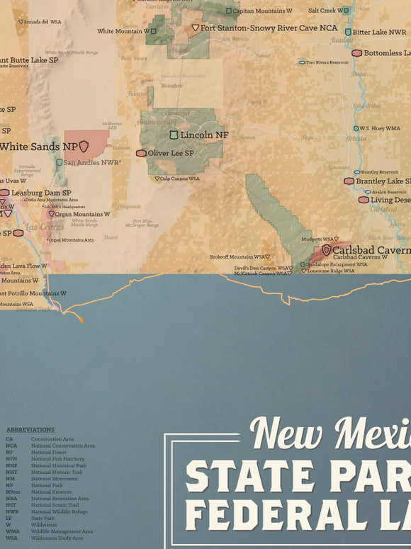 New Mexico State Parks & Federal Lands map poster - camel & slate blue