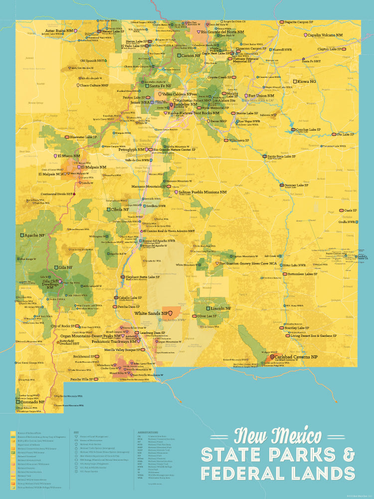 New Mexico State Parks & Federal Lands map poster - marigold & turquoise