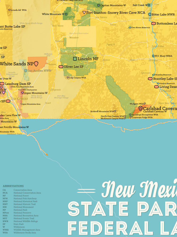 New Mexico State Parks & Federal Lands map poster - marigold & turquoise