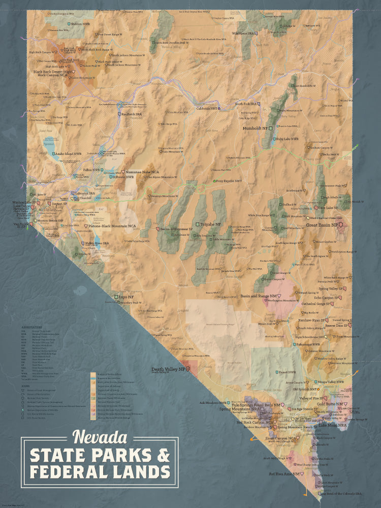 Nevada State Parks & Federal Lands map poster - camel & slate blue