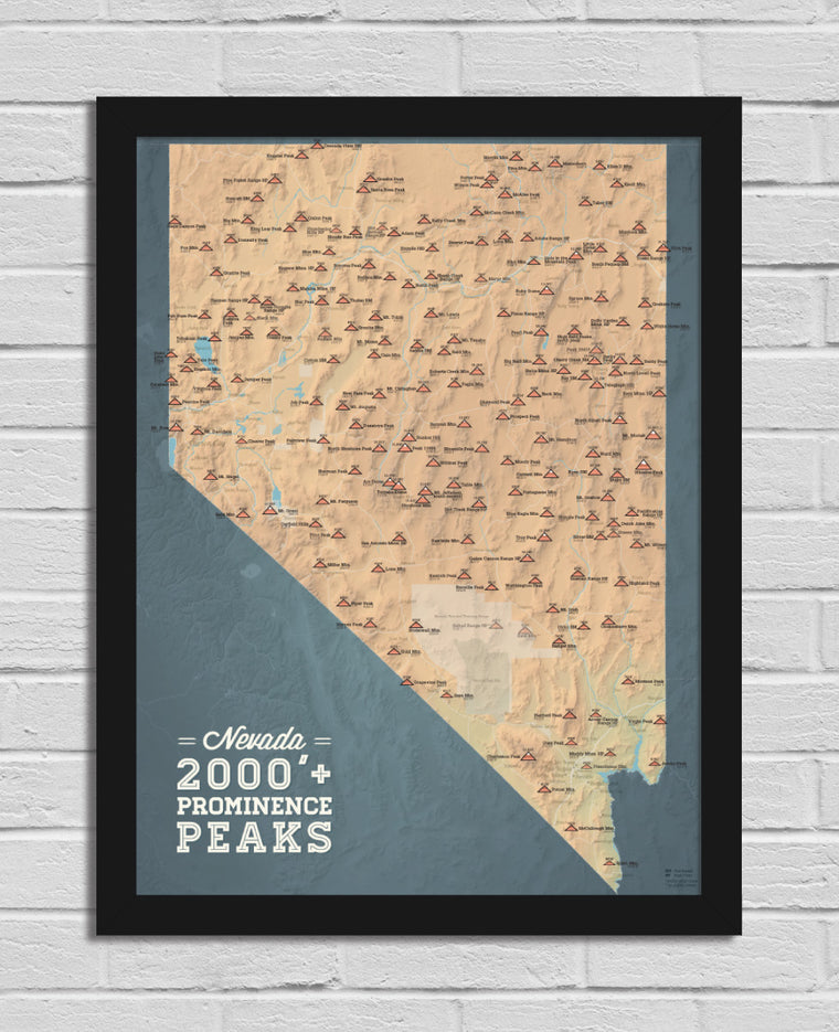 Nevada 2000' Prominence Peaks Map 18x24 Poster