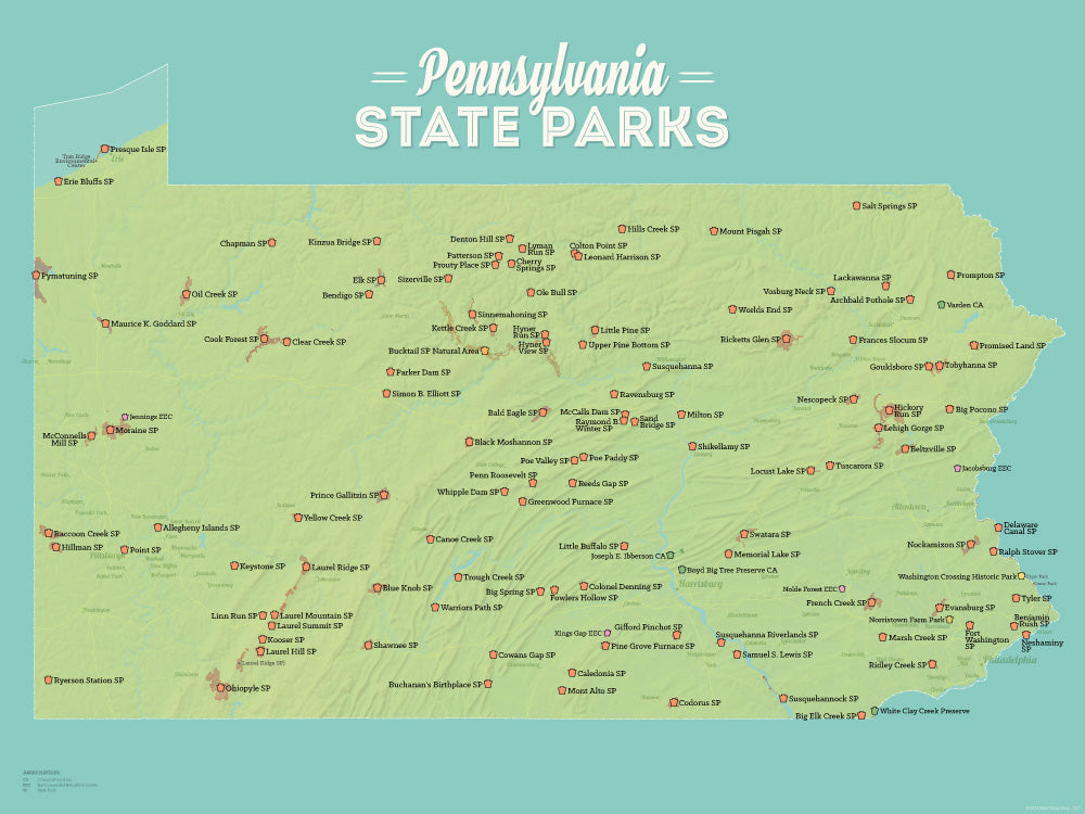 Pennsylvania State Parks Map Poster - green & aqua