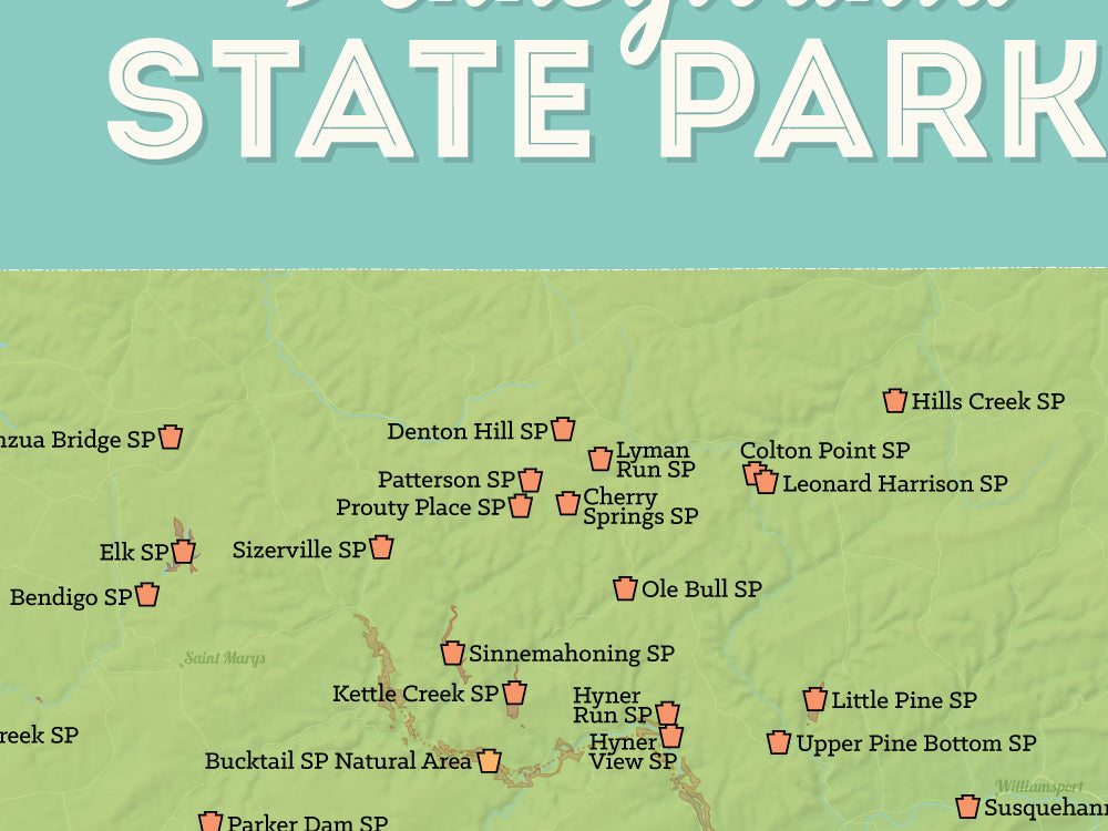 Pennsylvania State Parks Map Poster - green & aqua