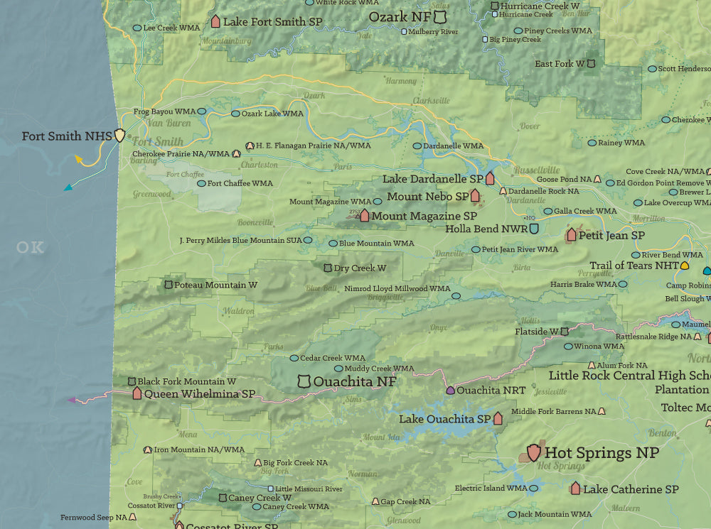 Arkansas State Parks & Federal Lands Map Poster - natural earth