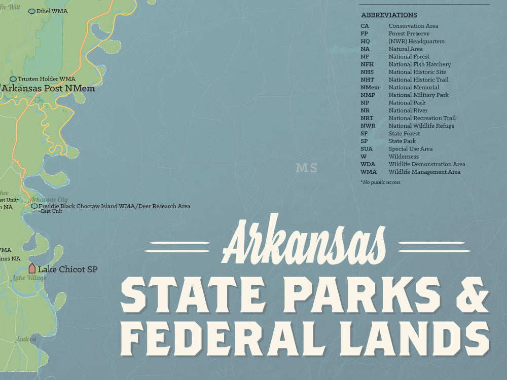 Arkansas State Parks & Federal Lands Map Poster - natural earth