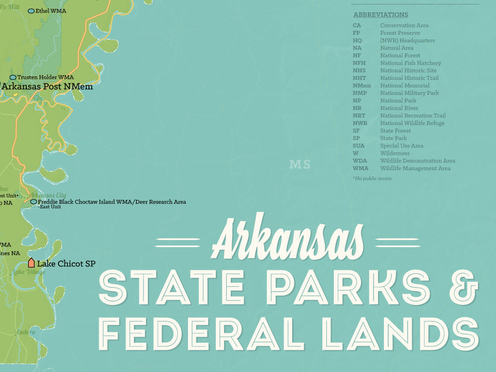 Arkansas State Parks & Federal Lands Map Poster - green & aqua
